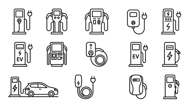 Minimalist black line icons showing various electric vehicle charging station designs and car battery charging equipment, Sustainable green energy logistics and provides technical mobility