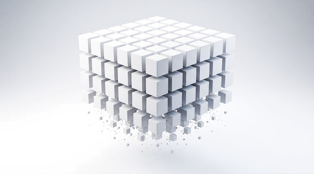 Abstract White Cubic Structure Floating in Minimal Background Representing Digital Technology, Data Architecture, Artificial Intelligence, and Future Innovation Concept