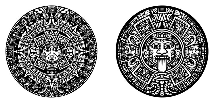 Aztec calendar stone discs with intricate ancient tribal carvings