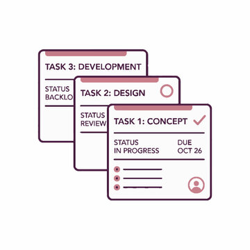 Overlapping vector illustration of project task cards displaying status, title, and due date, representing workflow management and task tracking.