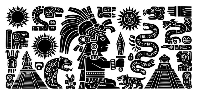 Aztec warrior with feathered headdress pyramid and sacred serpent symbols tribal vector illustration