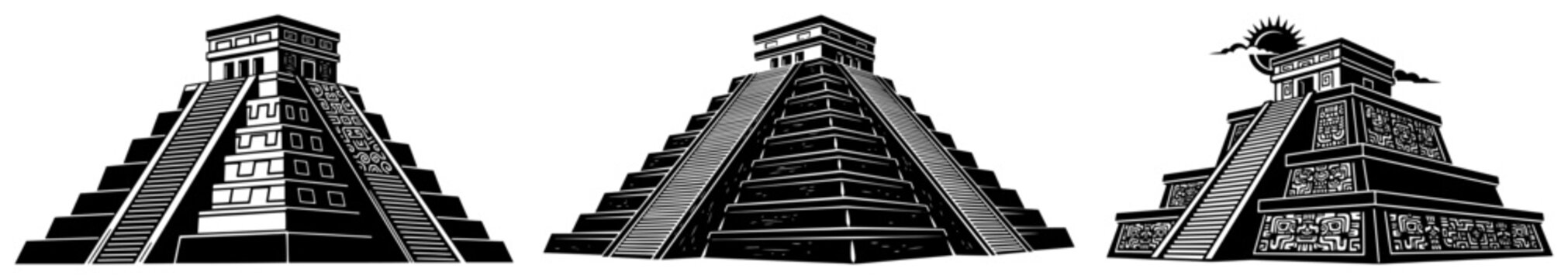 Mayan pyramid collection with ancient mesoamerican step temples in flat vector style