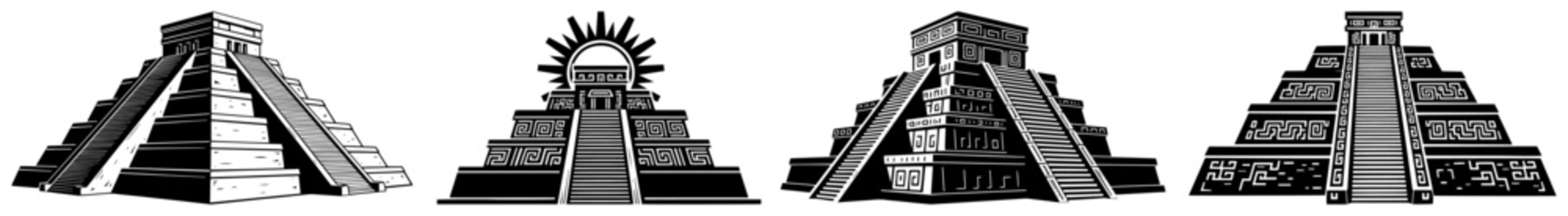 Aztec step pyramid set with tribal sun motifs and mesoamerican temples