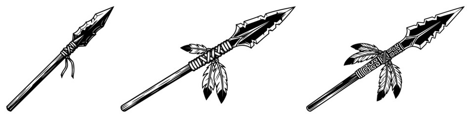 Tribal spears and native lances decorated with feathers in vintage engraving style © Cristiano