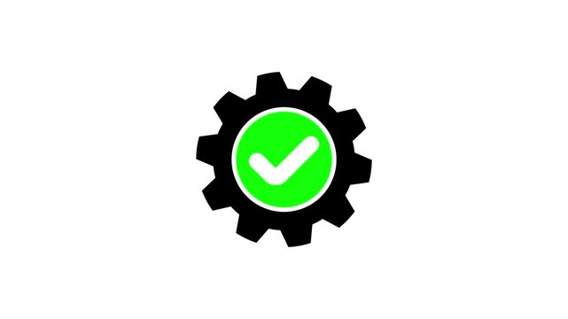 Gear icon with a vibrant green checkmark symbol centered inside representing successful process optimization.Circular check mark confirms optimal functionality or successful integration.