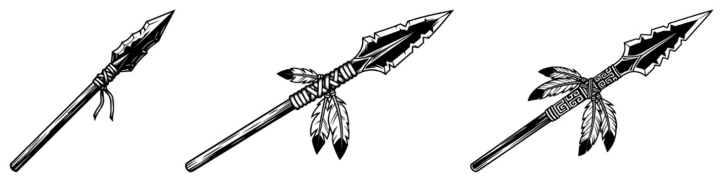 Tribal spears and native lances decorated with feathers in vintage engraving style