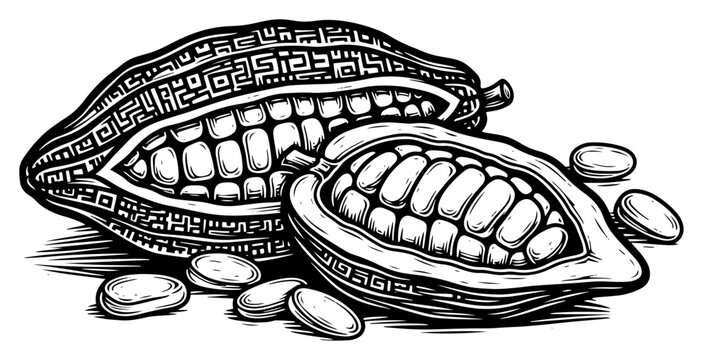 Cacao pods with cocoa beans decorated with indigenous tribal patterns in vintage woodcut engraving style