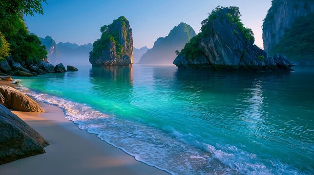 Tropical bay with limestone karsts and turquoise water at sunrise