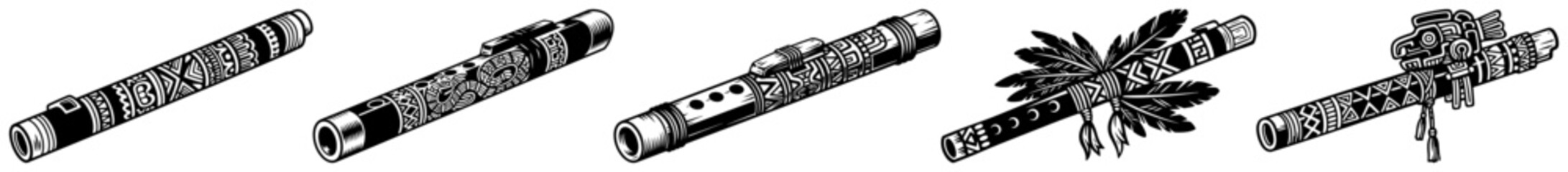 Traditional tribal wooden flutes collection with feathers and geometric carvings © Cristiano