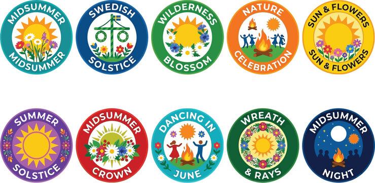 Set of round Midsummer and solstice celebration emblems with sun, flowers and dancing people.