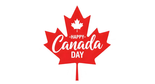 Red maple leaf with happy Canada day text and white sunburst on black image