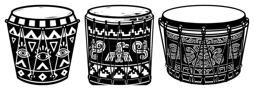 Tribal ethnic drums with traditional patterns and symbols vector illustration
