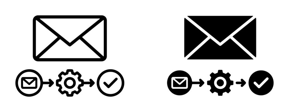 Email Workflow Icons, Envelope Process Steps, Communication Settings, Delivery Confirmation, Digital Messaging Flow