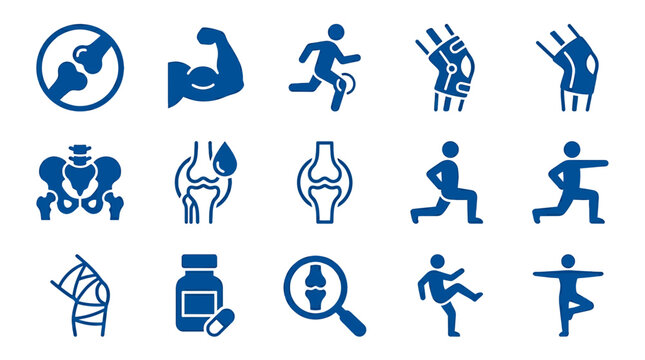 Set of blue orthopedic icons featuring knee anatomy, human bones, medical braces and physical therapy exercises, representing medical healthcare and symbolizing sports injury rehabilitation