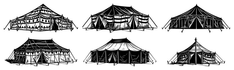 Vintage circus tents and medieval pavilion marquees set in classic woodcut engraving style © Cristiano