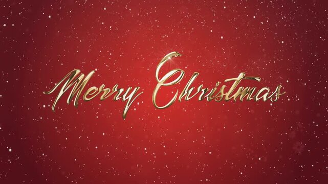 Golden 3D text "Merry Christmas" script on a vibrant red background with sparkling snow falling, festive holiday greeting template.