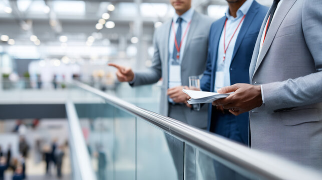 clouse up Clean commercial stock photo of three business professionals networking on glass-walled mezzanine overlooking busy conference exhibition floor below, elevated professiona