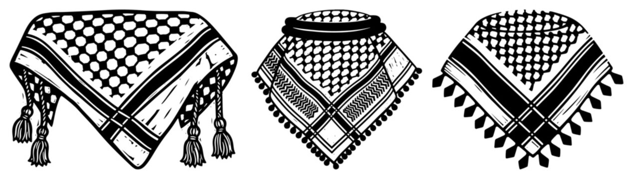 Traditional patterned shemagh scarves with tassels in vintage woodcut style