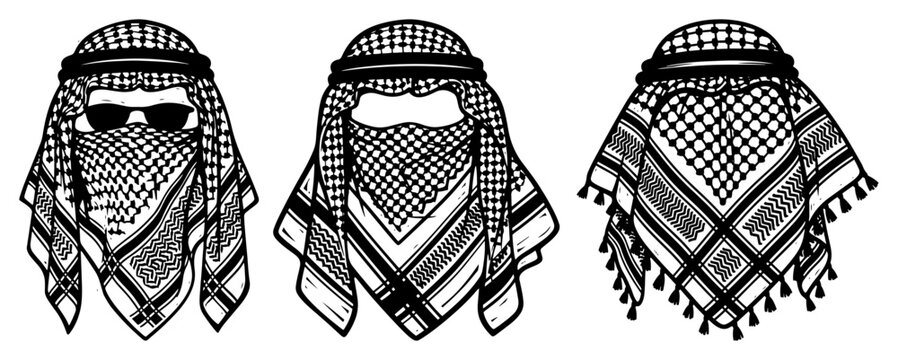 Arabian keffiyeh headscarves and shemagh face wraps in vintage engraving style