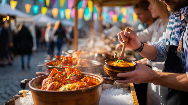 Vibrant summer street food festival scene with hands ladling thick creamy lobster bisque into rustic ceramic bowls at artisan seafood stall, steam rising dramatically from pot, bus