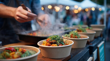 Obraz premium Vibrant summer street food festival scene with chef ladling freshly made gazpacho into biodegradable cups at a farmer cooperative stall, steam rising, crowd flowing past, market um