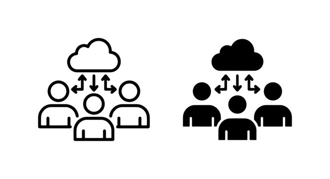 Team Collaboration Cloud Icons, Data Sharing Group Symbols, Network Connection People Silhouettes, Digital Communication Teamwork Graphics
