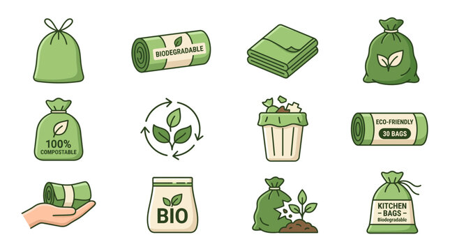 Various green eco friendly biodegradable trash bags and compostable waste bin icons set on white background, Sustainable garbage disposal representing environmental conservation and ecology