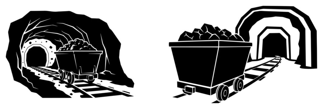 Mine cart on railway tracks loaded with coal from underground tunnel vector illustration
