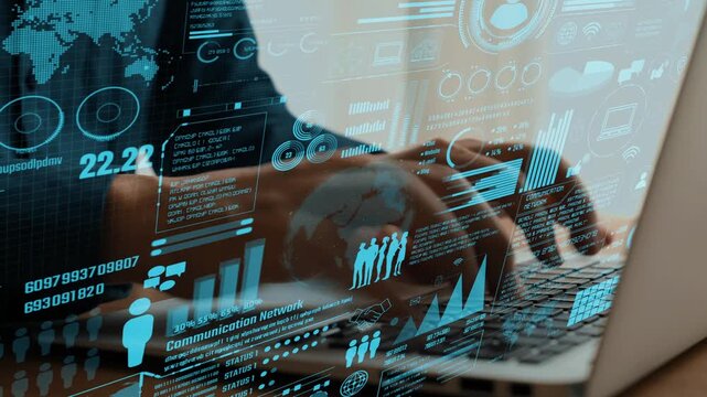 This image showcases a professional engaged in data analytics, with digital graphics on a laptop screen, symbolizing communication and networking in technology. Cipher
