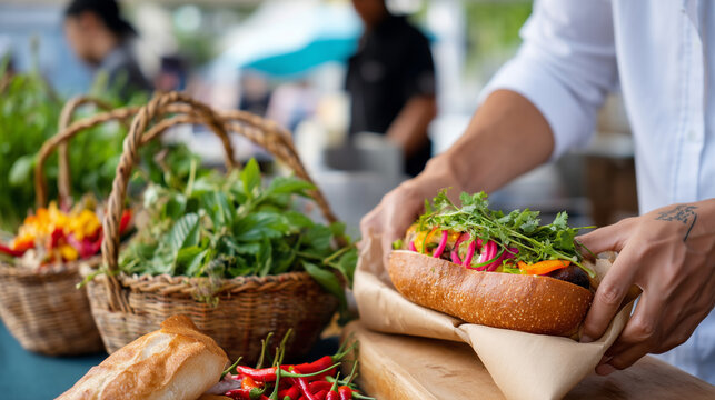 clouse up spring street food festival scene with chef hands folding fresh Vietnamese banh mi sandwich at authentic street stall, crispy baguette loaded with colorful pickled vegeta