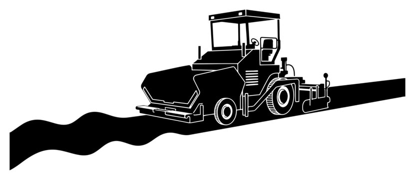 Asphalt paver machine laying new road surface in clean vector silhouette style
