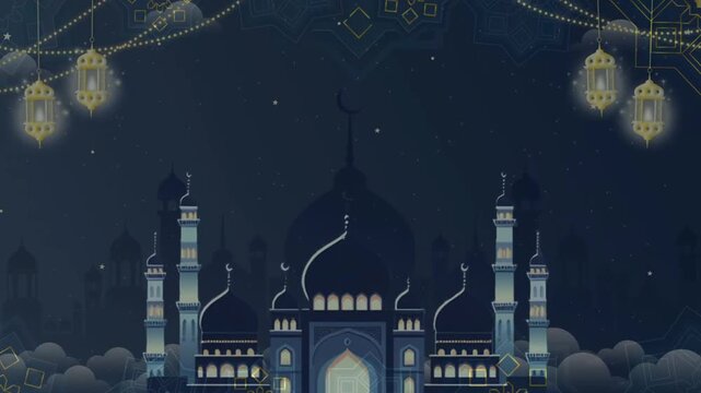 Majestic Islamic  ramadhan and eid adha background featuring a detailed mosque silhouette at night with glowing lanterns, stars, and geometric patterns.