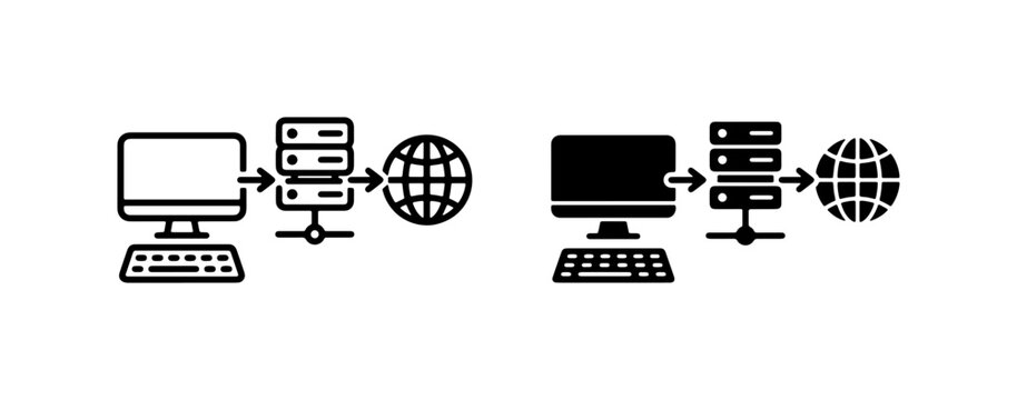 Computer Network Connection Icons: Server, Globe, and Data Flow. Two styles, outline and solid fill, illustrating digital communication and internet access.