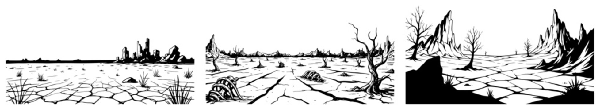 Desolate post apocalyptic landscapes with dry cracked earth and dead trees in vintage engraving style