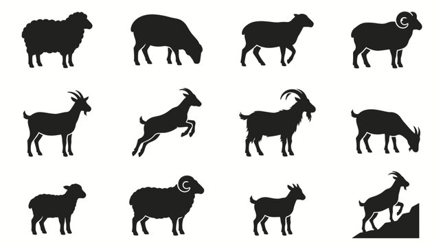 Collection of black sheep and goat silhouettes in various poses including jumping and grazing on white background, representing livestock farming icons and symbolizing rural agriculture