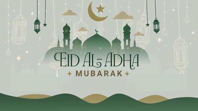 Minimalist Eid Al-Adha Mubarak greeting background with a green mosque silhouette, hanging line-art lanterns, and a crescent moon.