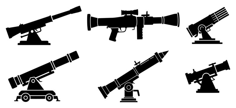 Artillery cannons and rocket launcher military weapon silhouettes vector design