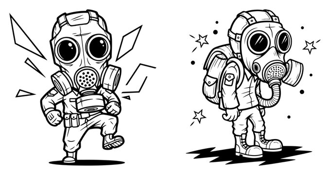 Cartoon characters wearing gas masks in military outfits comic vector illustration