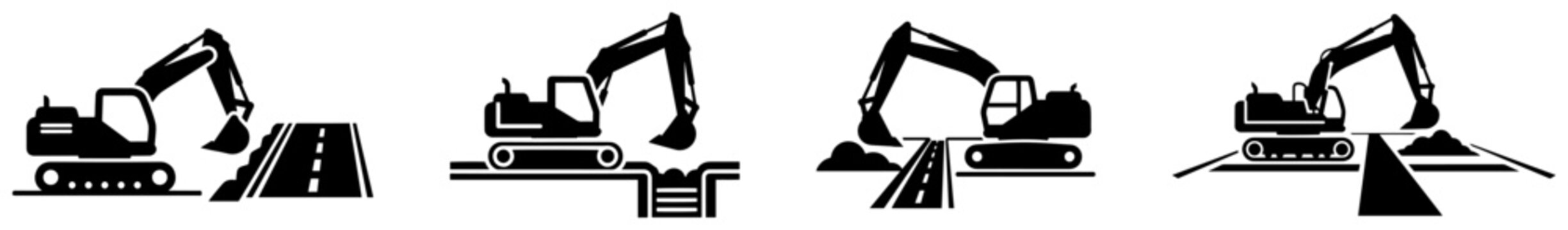 Construction excavator digging road trench silhouettes vector icon set