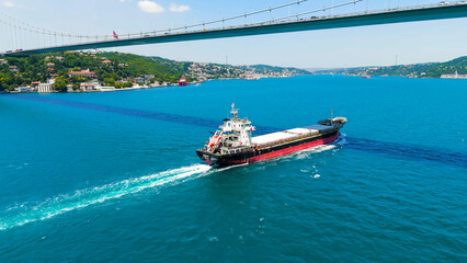 Istanbul, Turkey. Bulk carrier ship passing under 15 July Martyrs Bridge on Bosphorus Strait on bright sunny day with city skyline. Aerial View © Video Render