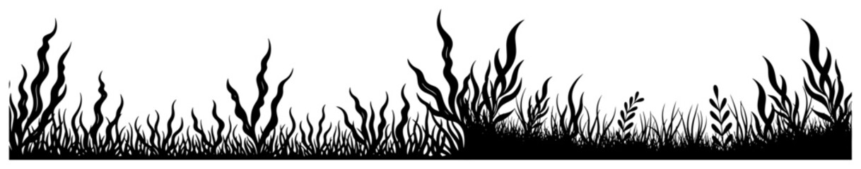 Marine seaweed border and aquatic kelp plants in black silhouette style © Cristiano