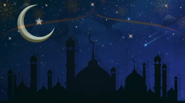 Enchanting Islamic ramadhan and eid adha background with multiple mosque silhouettes under a dark blue starry sky, big crescent moon, and shooting stars.