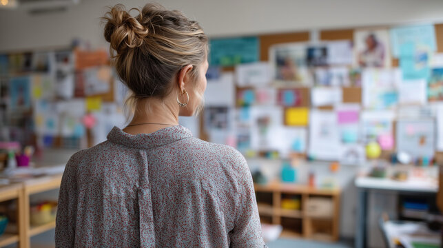 A European pedagogue viewed from behind decorates a soft sunny classroom wall with bright educational posters in calm daylight, classroom decor, faceless back view, modern classroo
