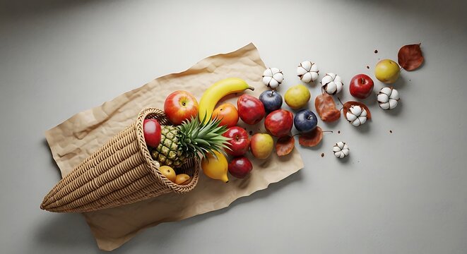 A beautiful cornocopia overflowing with fresh autumn fruits and cotton flowers displayed on crumpled paper for a festive harvest holiday celebration