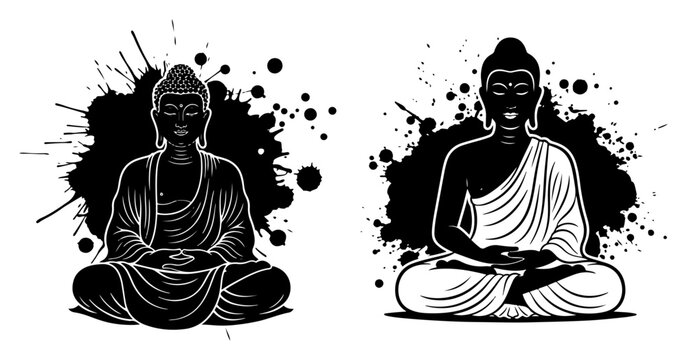 Meditating Gautama Buddha in lotus pose with ink splatters in spiritual Zen style