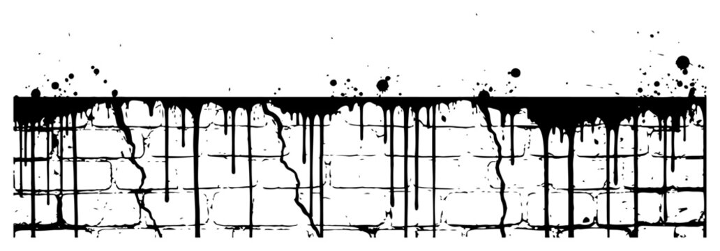 Brick wall border with dripping paint and cracked blocks in distressed grunge style