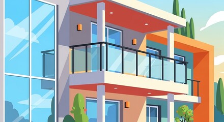 Fototapeta premium Modern Apartment Building with Glass Balcony and Colorful Exterior Architecture Illustration