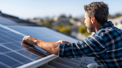 Fototapeta premium European solar technician viewed from behind kneeling on residential rooftop carefully aligning fresh solar panel into mounting rail system, only back shoulders and hands visible,