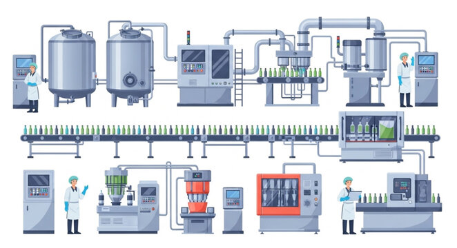 Modern beverage production factory with automated machinery and workers.