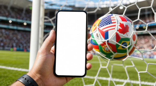 Football Fan Holding Mobile Phone, World Cup Ball in Goal Net